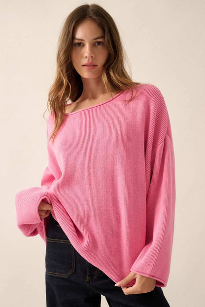Chill Vibes Rolled-Edge Ribbed Knit Sweater