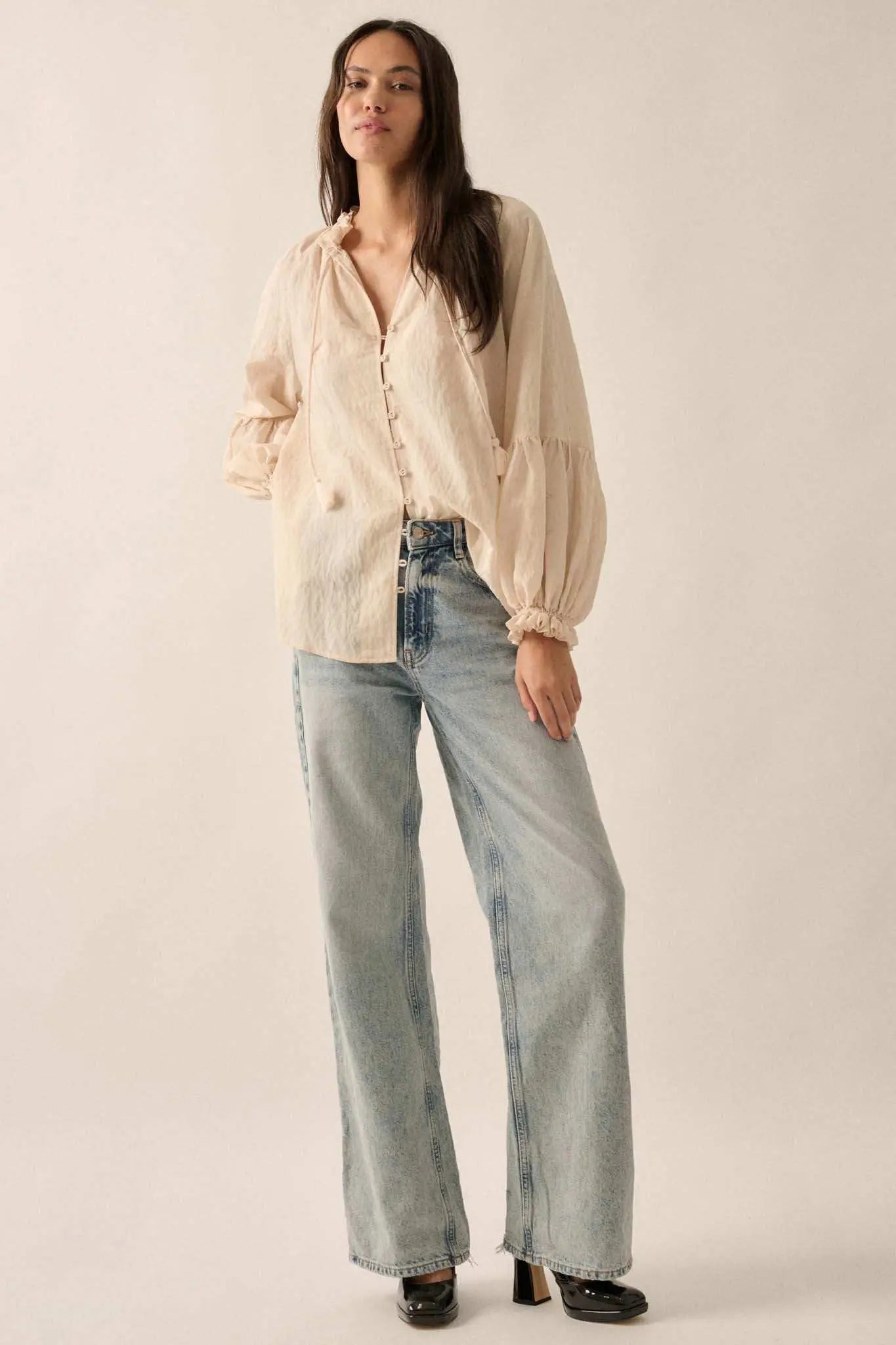 Poetic Soul Buttoned Jacquard Tie-Neck Peasant Top