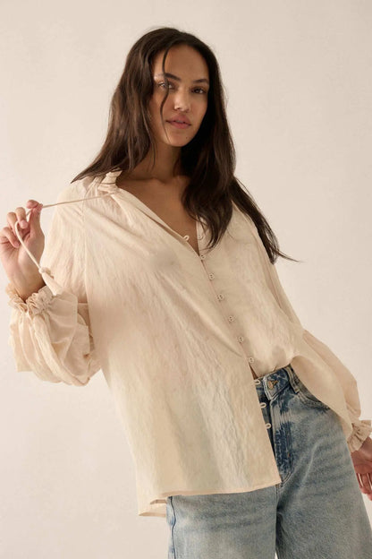 Poetic Soul Buttoned Jacquard Tie-Neck Peasant Top