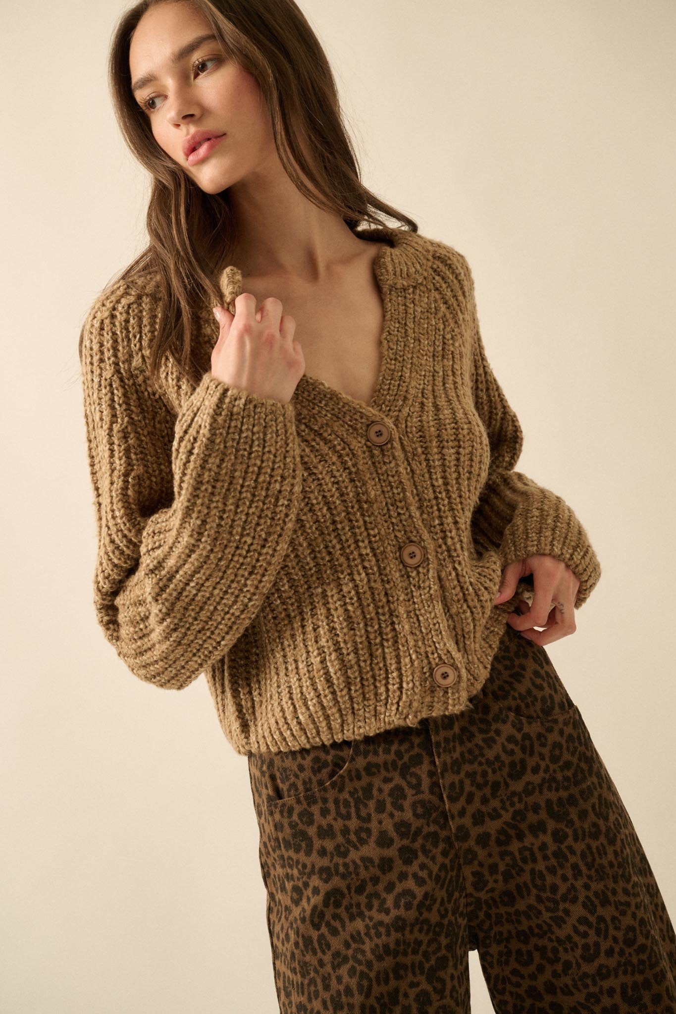 Soft Sunday Ribbed Knit Buttoned V-Neck Cardigan