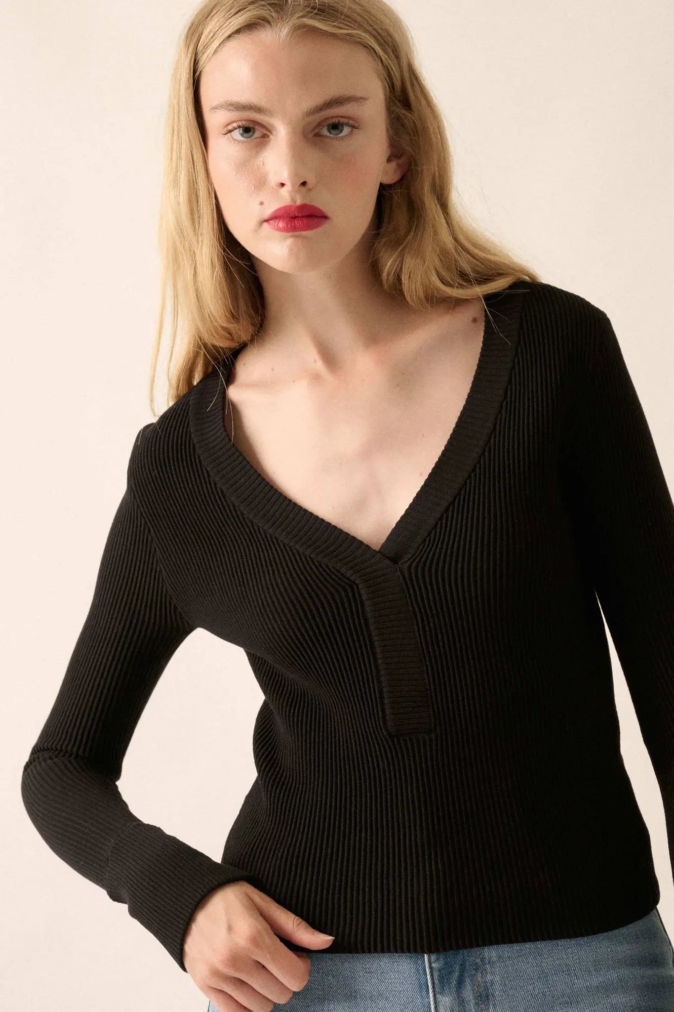 Shaper Fit Rib-Knit Split-Neck Long-Sleeve Top