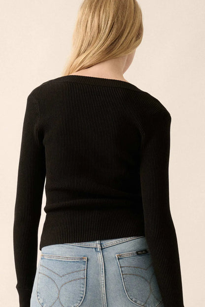 Shaper Fit Rib-Knit Split-Neck Long-Sleeve Top