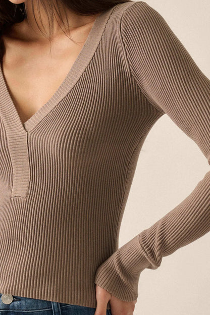 Shaper Fit Rib-Knit Split-Neck Long-Sleeve Top