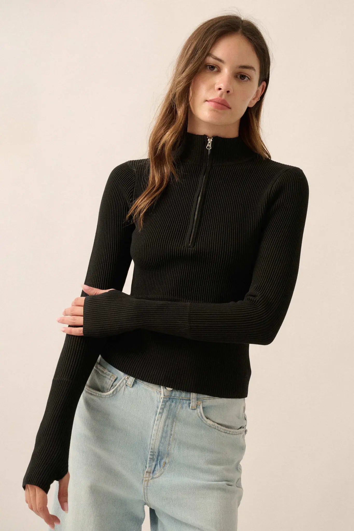 Shaper Fit Rib-Knit Half-Zip Thumbhole Top