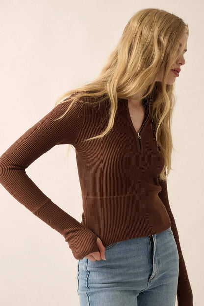 Shaper Fit Rib-Knit Half-Zip Thumbhole Top