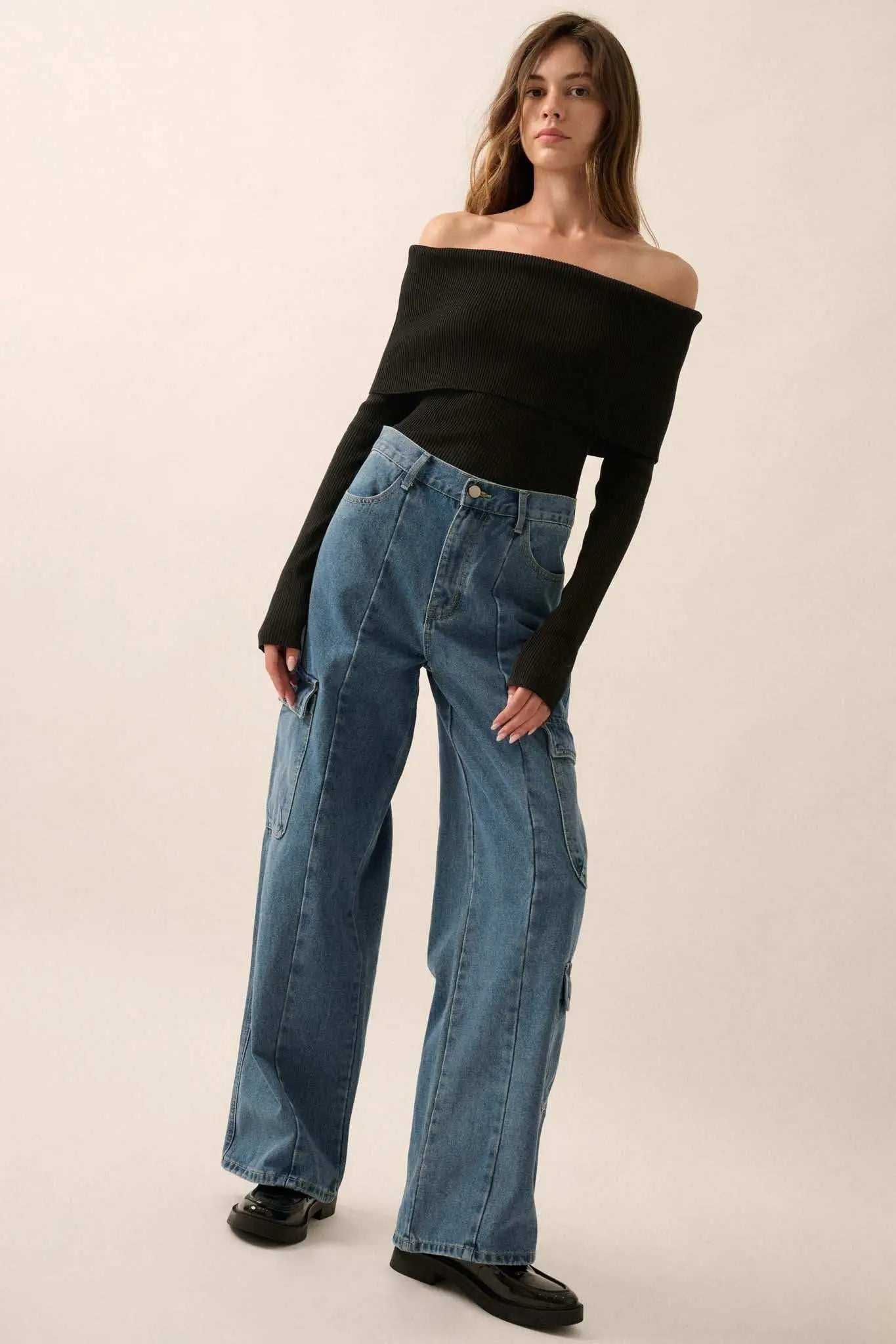 Shaper Fit Rib-Knit Off-Shoulder Foldover Top