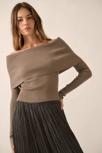 Shaper Fit Rib-Knit Off-Shoulder Foldover Top