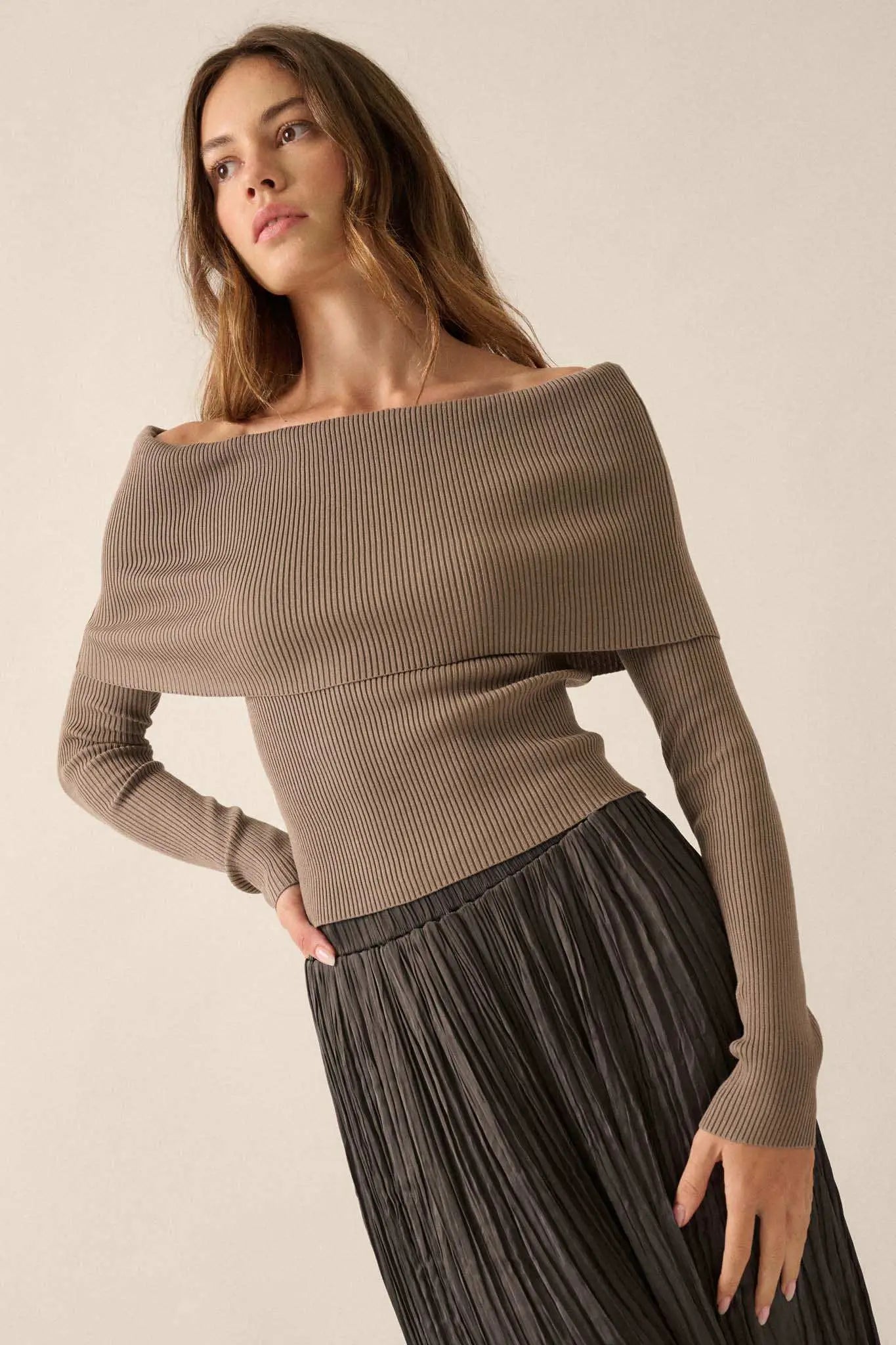 Shaper Fit Rib-Knit Off-Shoulder Foldover Top