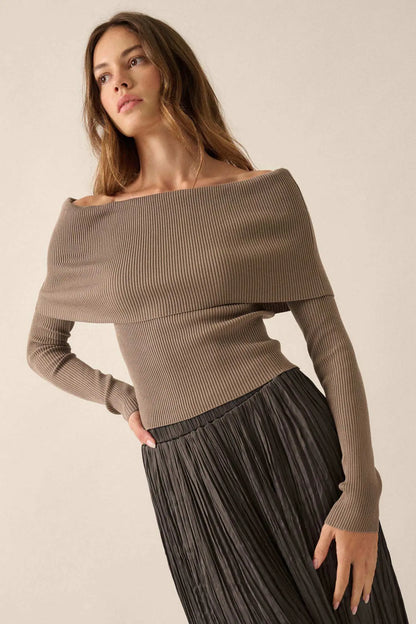 Shaper Fit Rib-Knit Off-Shoulder Foldover Top