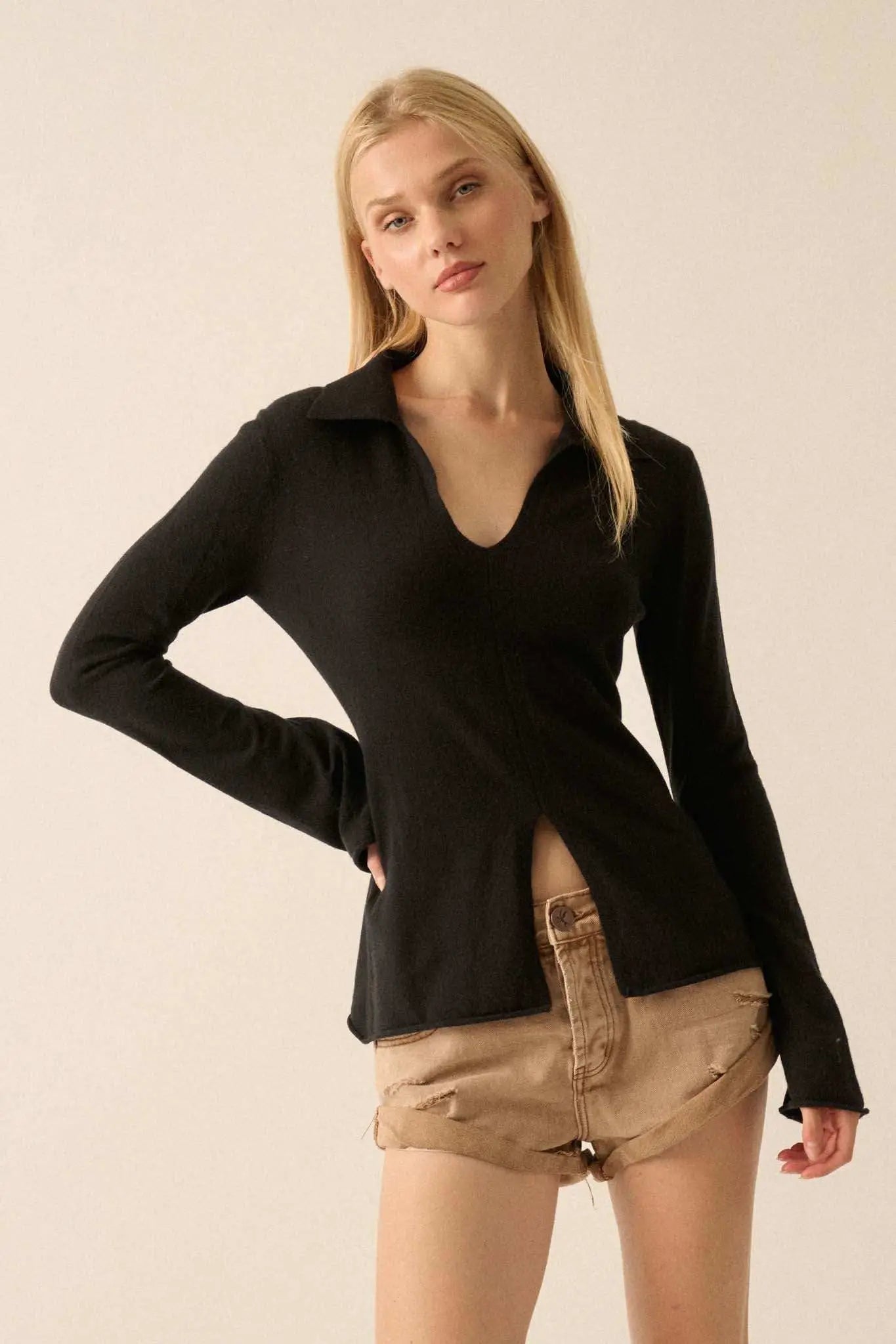 Promise the Label Brushed Knit Split-Front Top