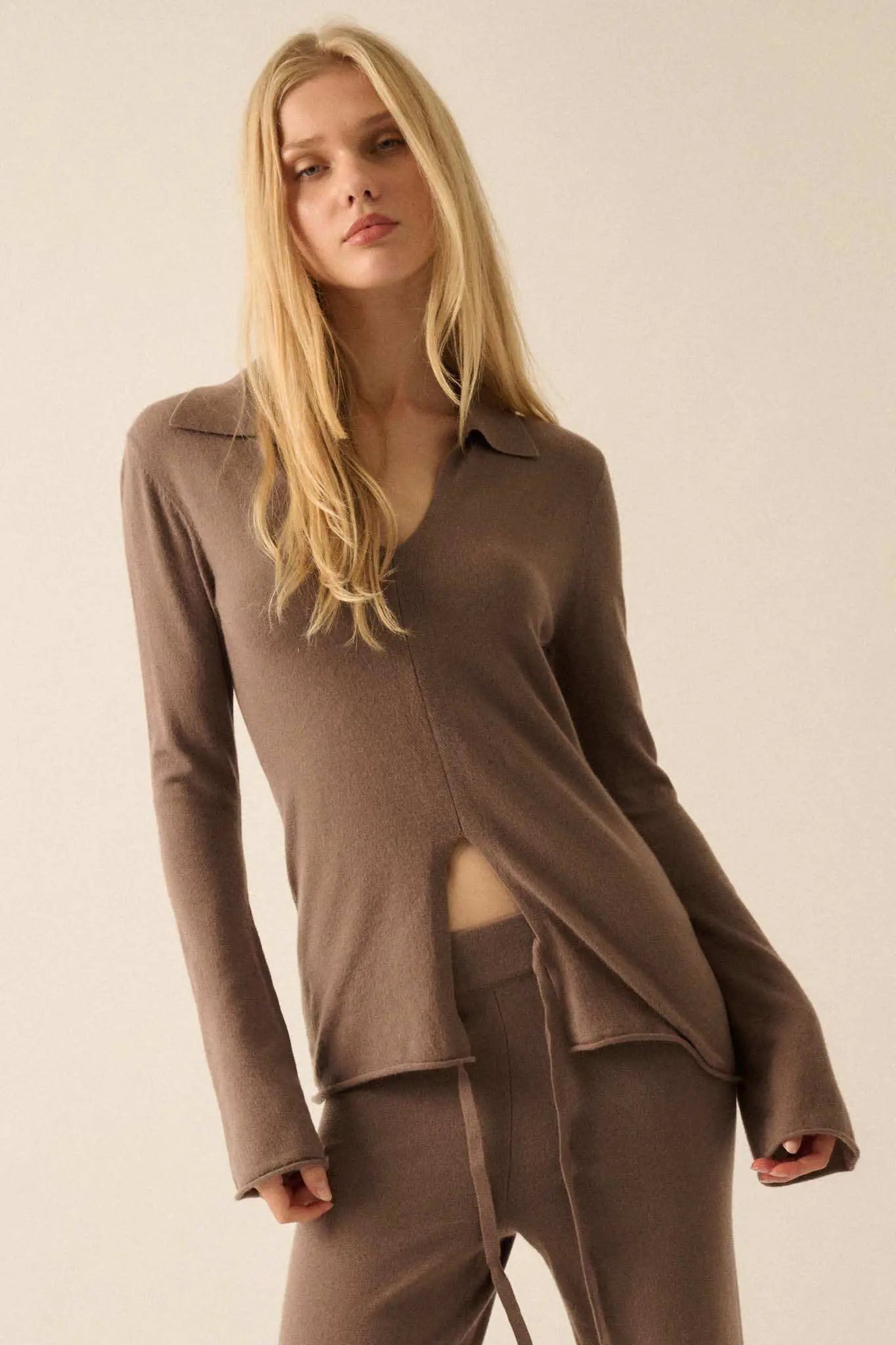 Promise the Label Brushed Knit Split-Front Top
