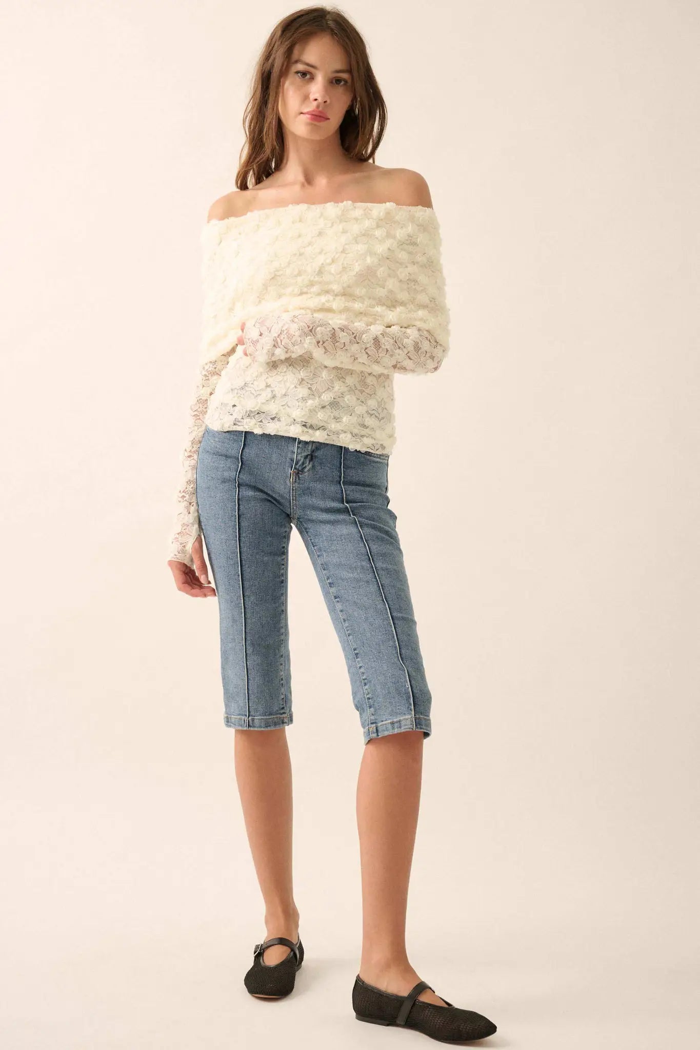 Good Graces Floral Lace Off-Shoulder Thumbhole Top