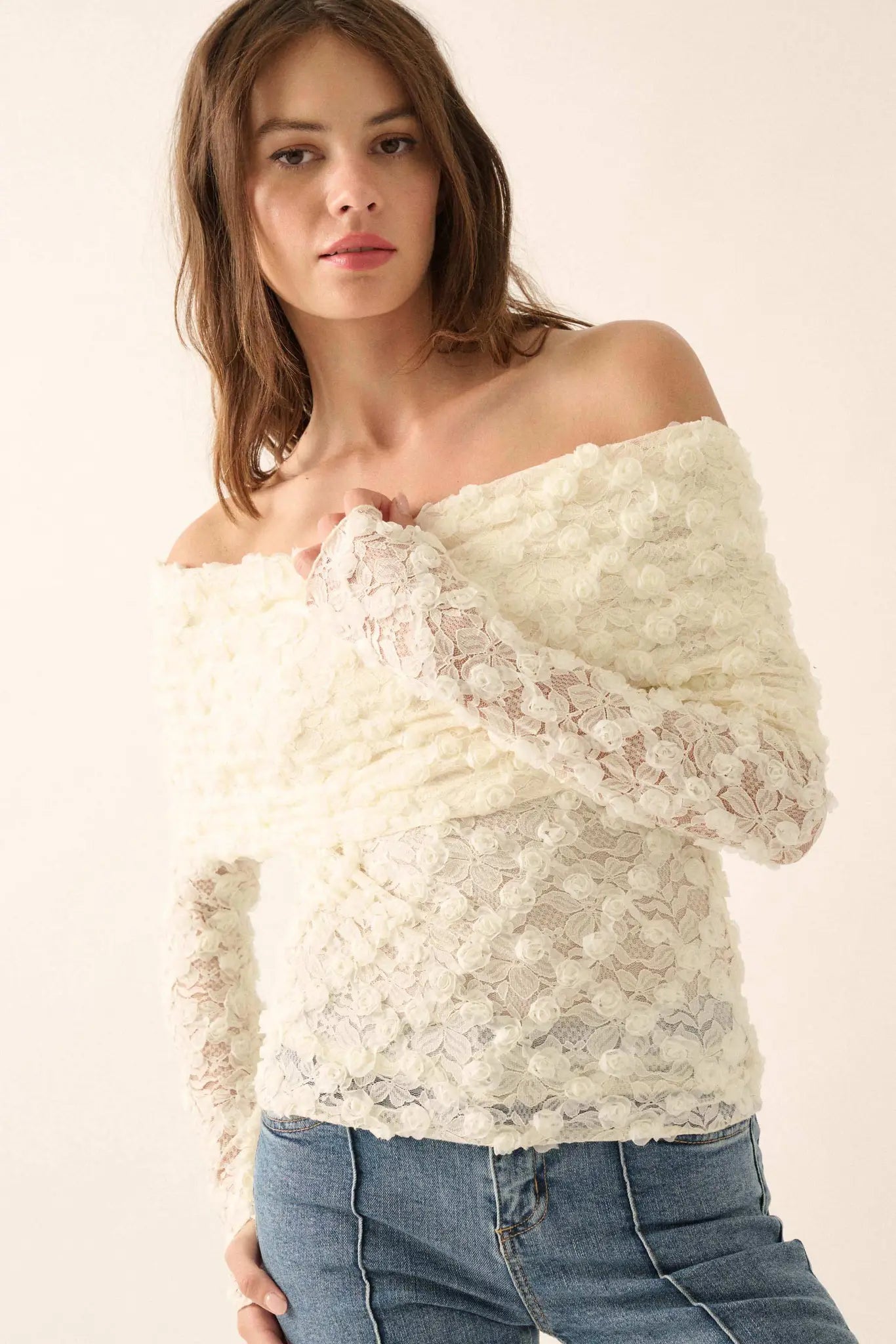 Good Graces Floral Lace Off-Shoulder Thumbhole Top