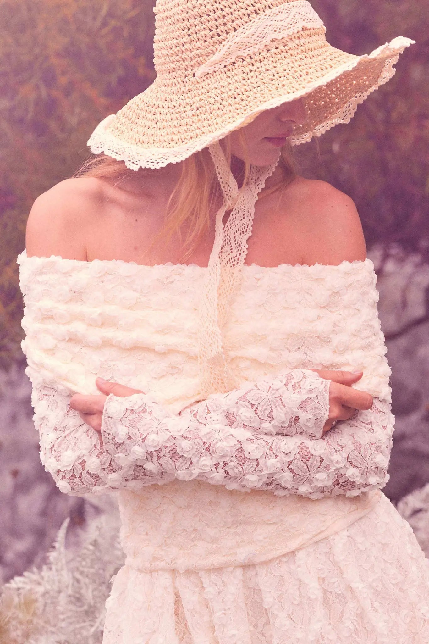 Good Graces Floral Lace Off-Shoulder Thumbhole Top