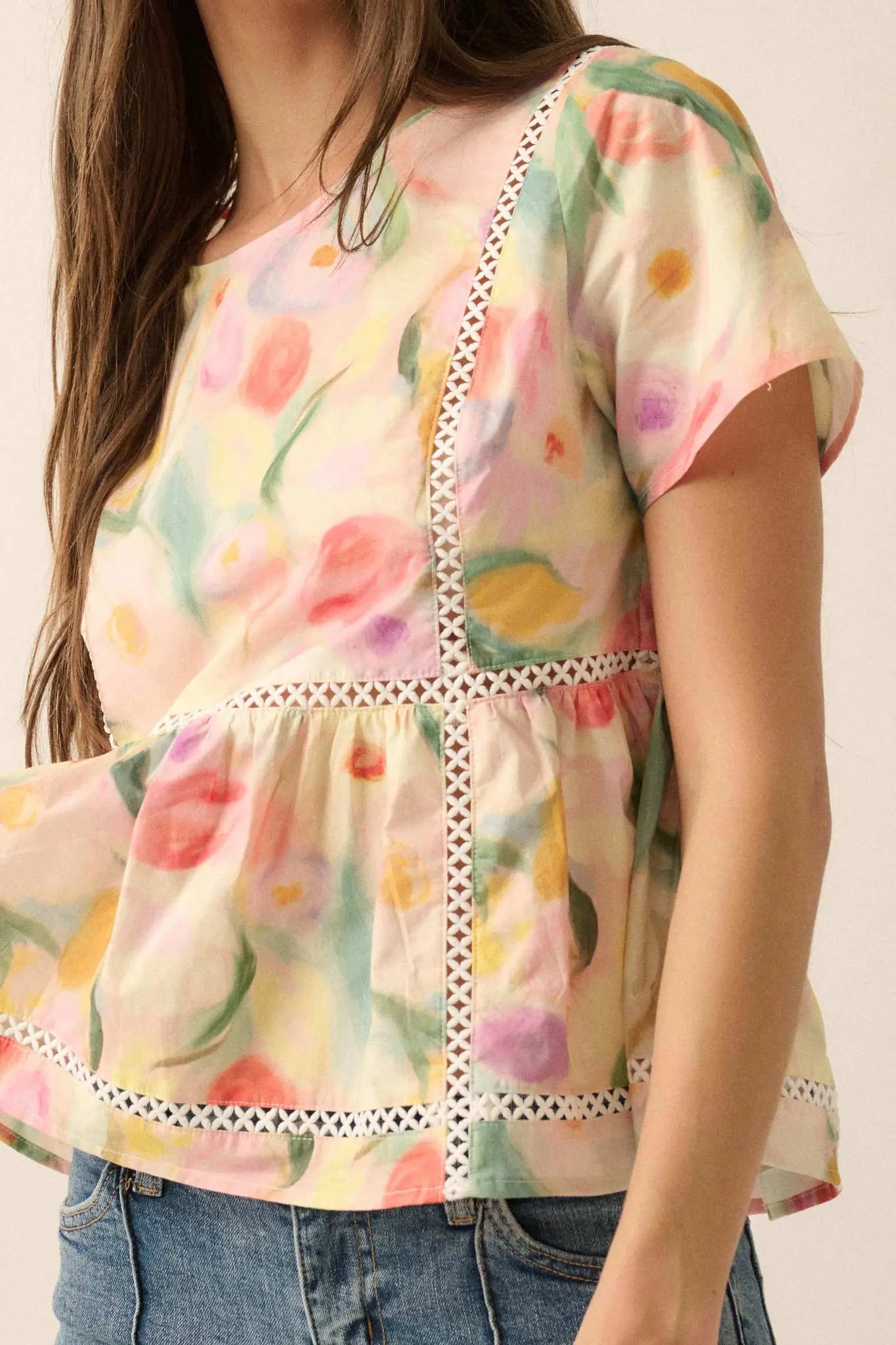 Graceful Blossoms Lace-Trim Floral Babydoll Top