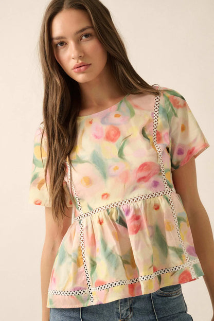 Graceful Blossoms Lace-Trim Floral Babydoll Top