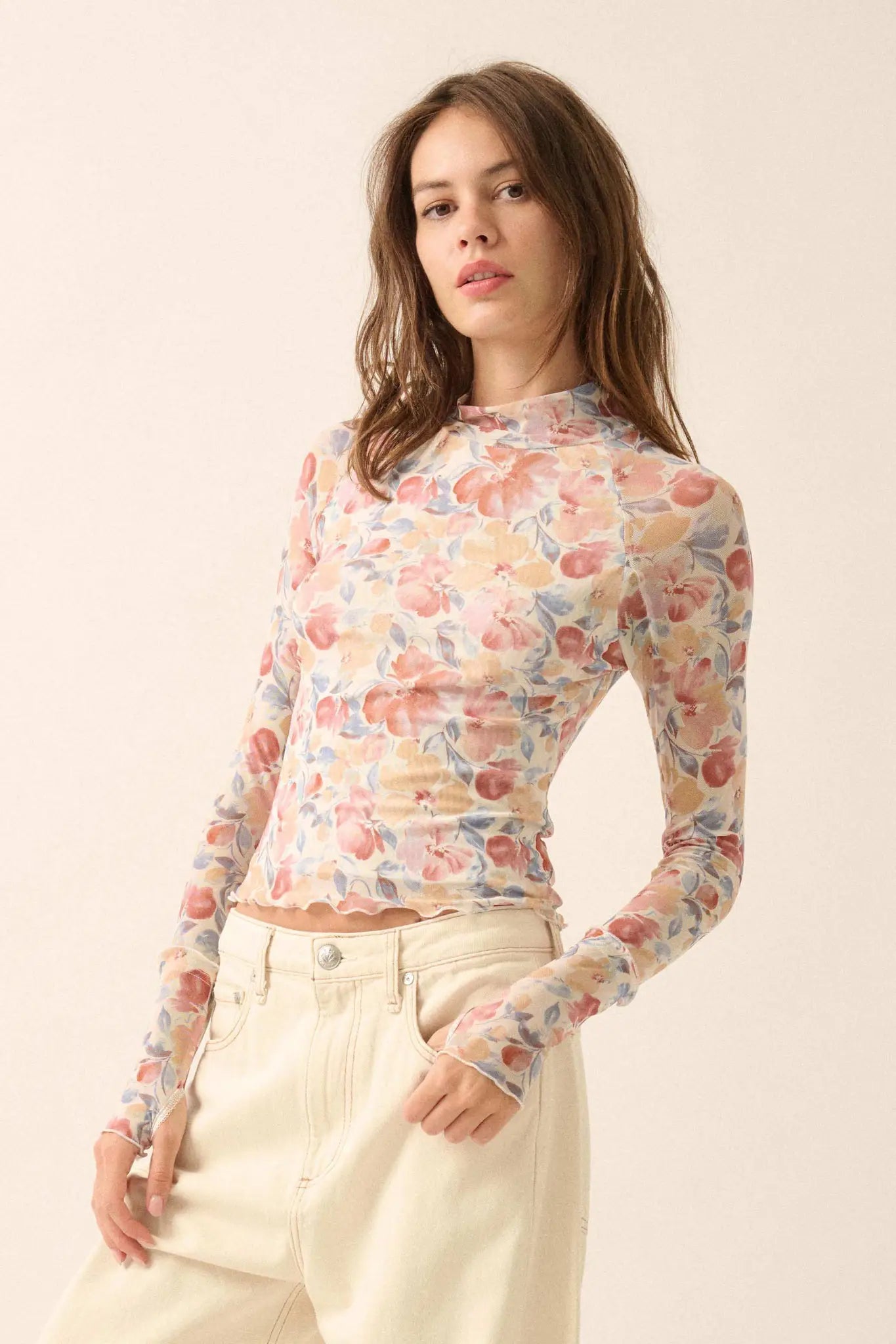 Bouquet All Day Floral Mesh Thumbhole Top
