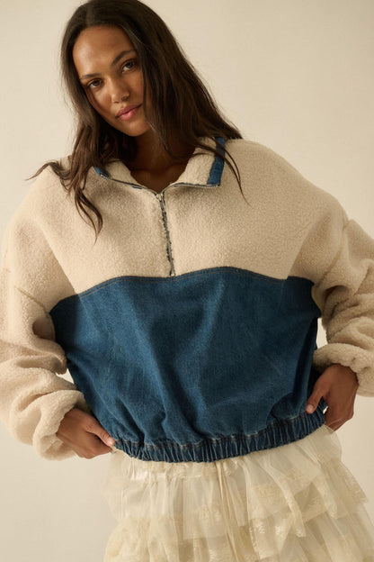 Living Life Denim and Fleece Half-Zip Pullover