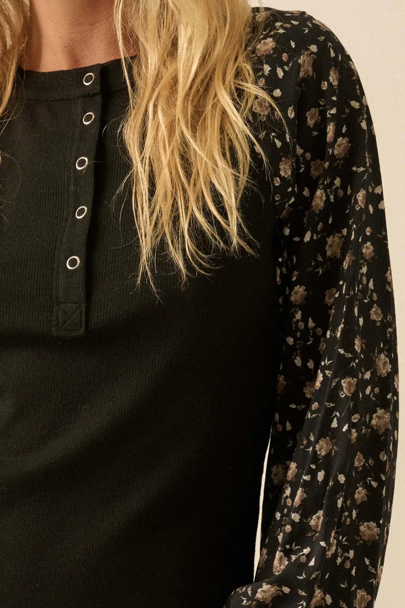 Almost Home Floral Bubble-Sleeve Henley Top