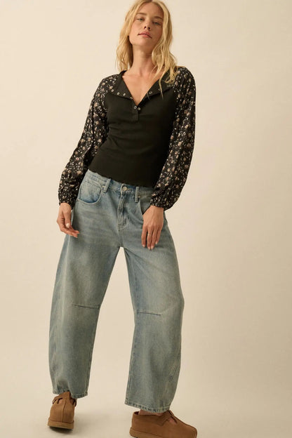 Almost Home Floral Bubble-Sleeve Henley Top