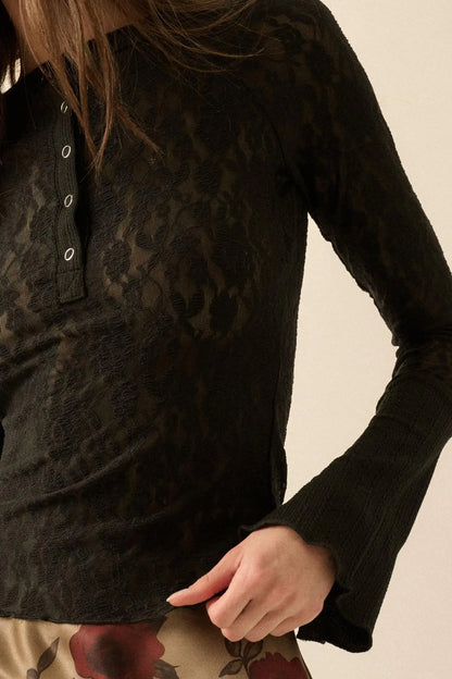 Casual Grace Floral Lace Raglan Henley Top