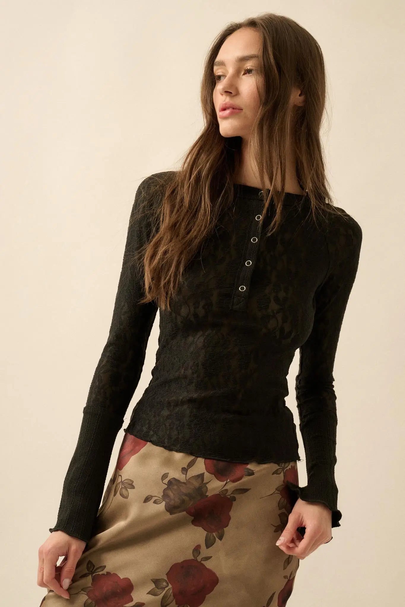 Casual Grace Floral Lace Raglan Henley Top