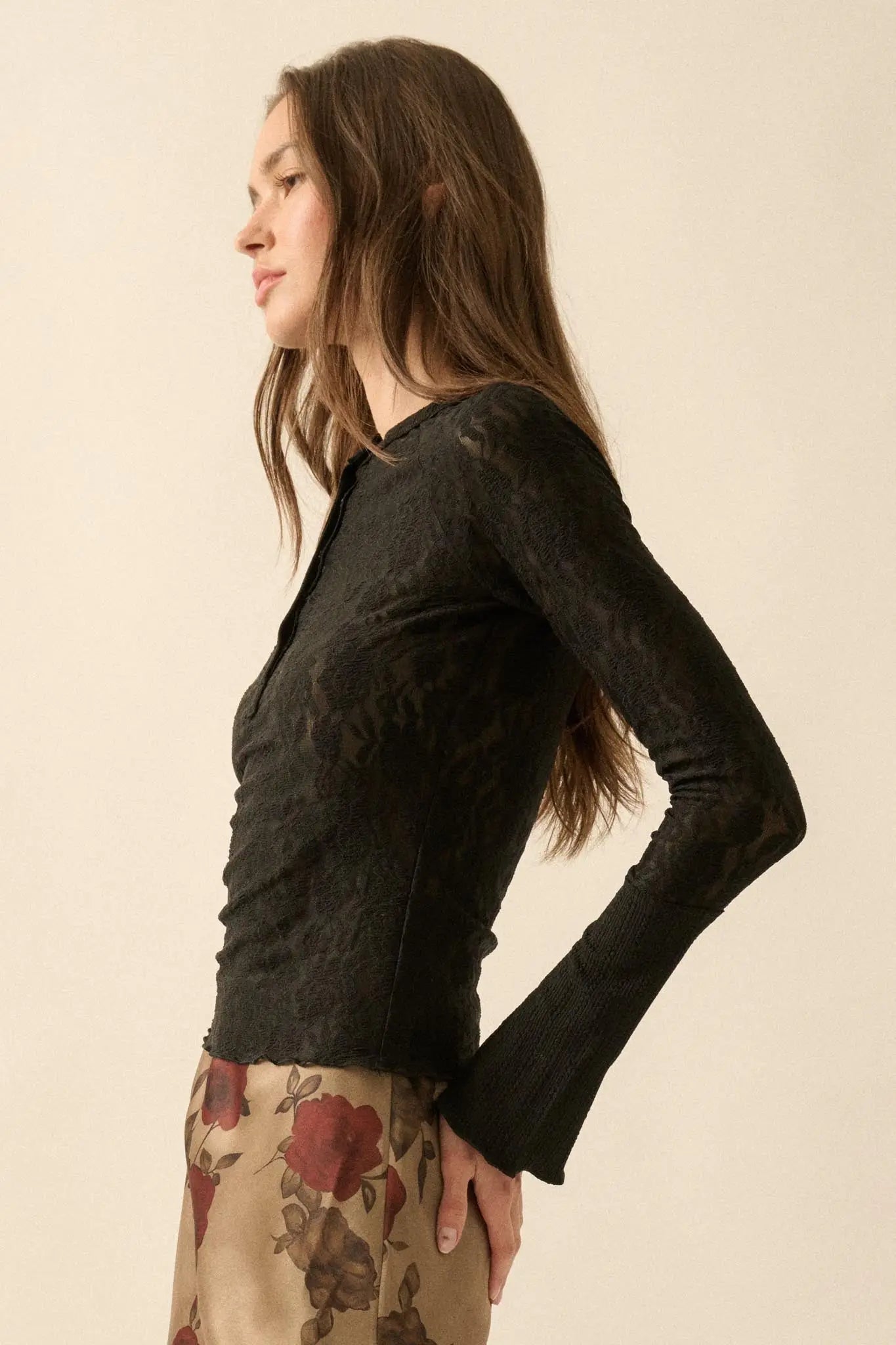 Casual Grace Floral Lace Raglan Henley Top