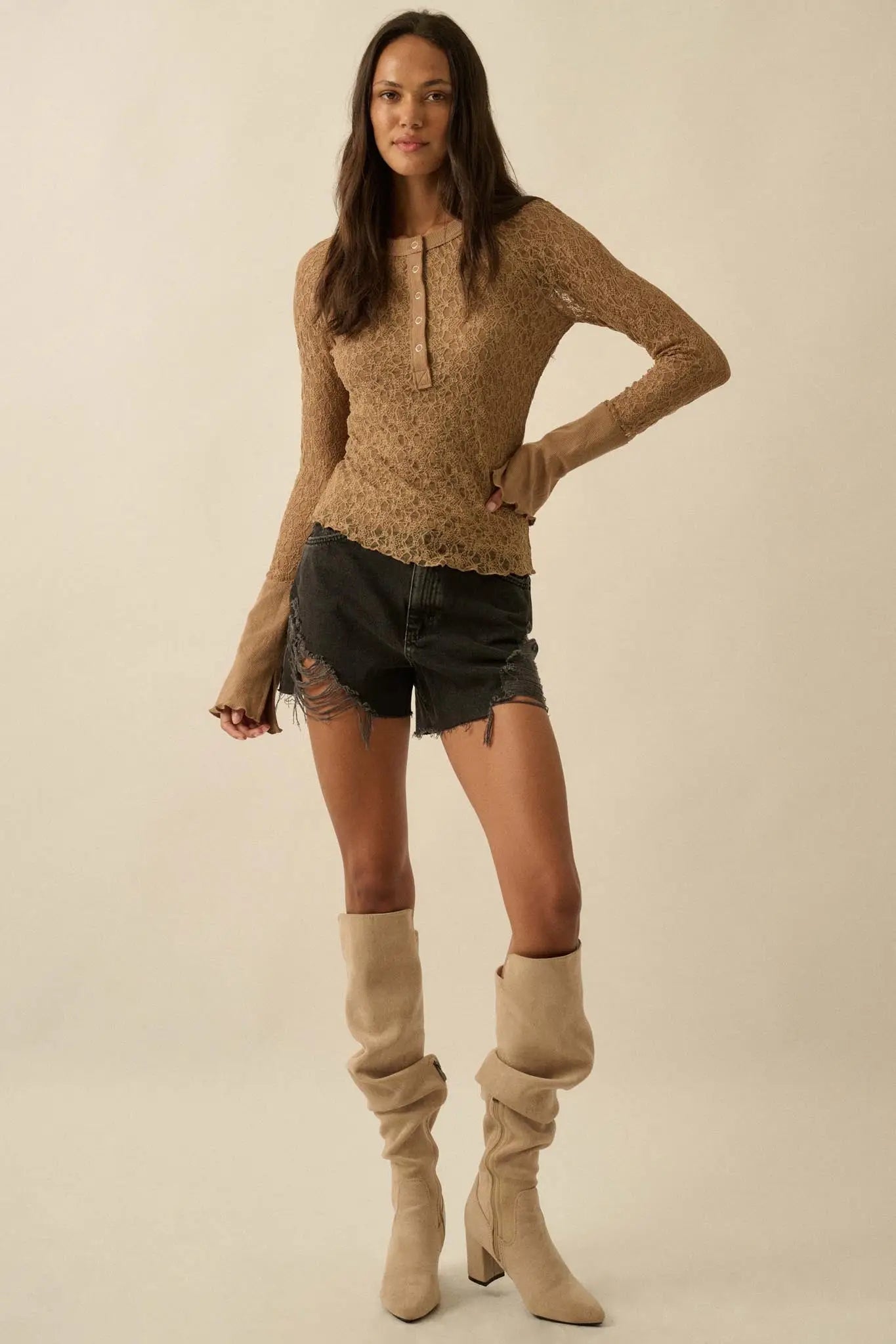 Casual Grace Floral Lace Raglan Henley Top