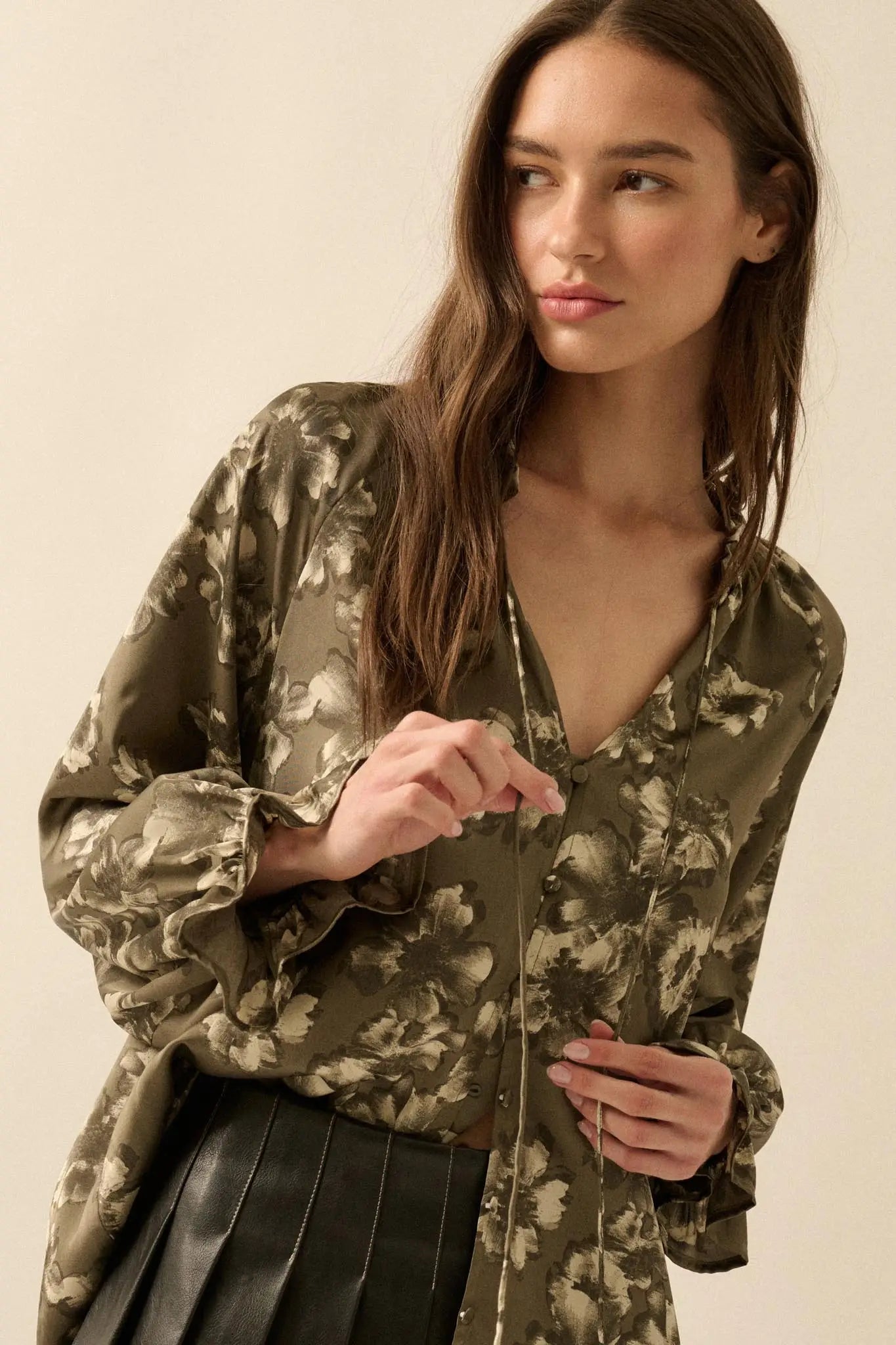 Lush Living Floral Satin Button-Up Peasant Top