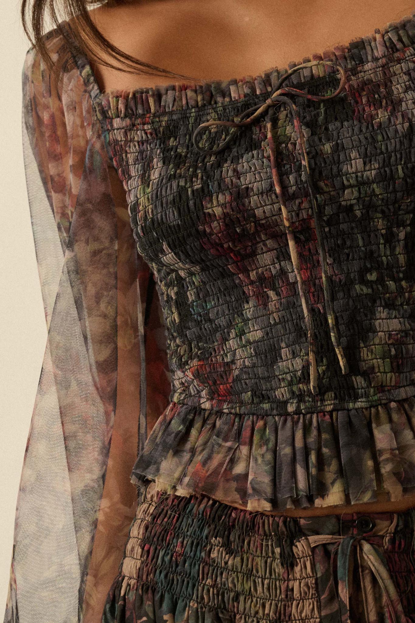 Bohemian Bliss Smocked Floral Tulle Peasant Top