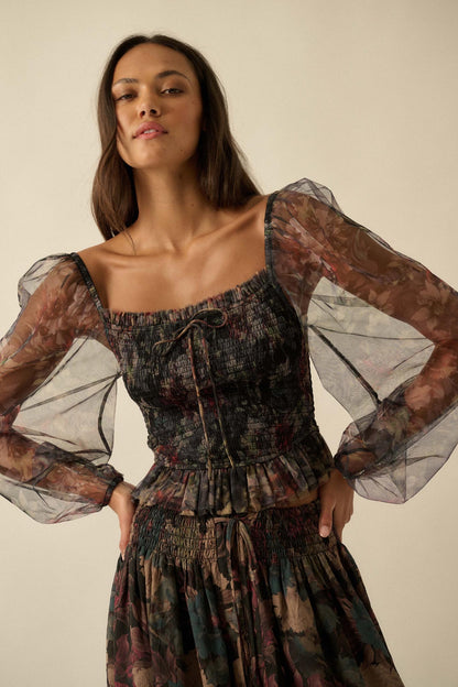 Bohemian Bliss Smocked Floral Tulle Peasant Top