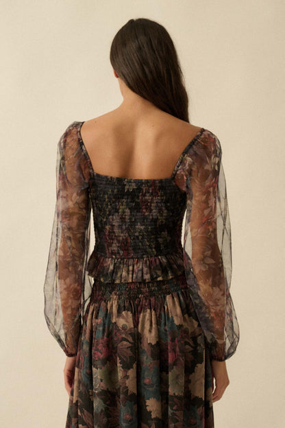 Bohemian Bliss Smocked Floral Tulle Peasant Top