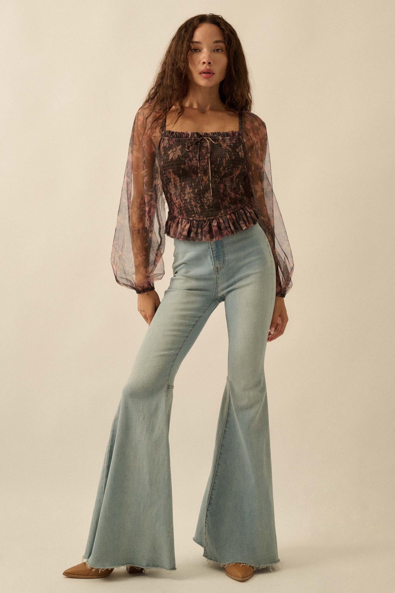 Bohemian Bliss Smocked Floral Tulle Peasant Top