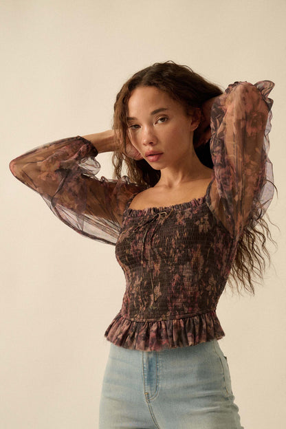 Bohemian Bliss Smocked Floral Tulle Peasant Top