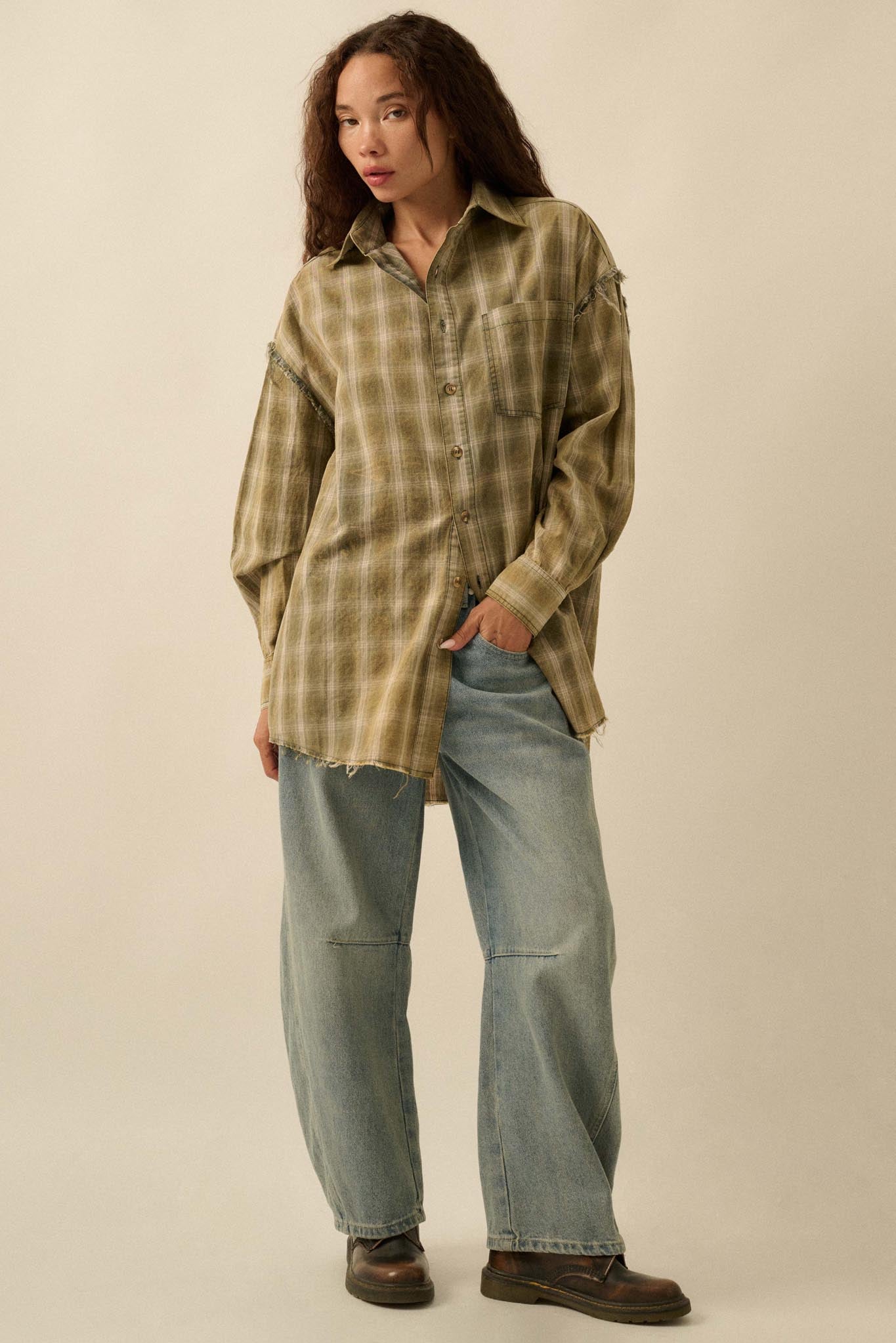 Lost and Found Plaid Raw-Edge Button-Up Shirt