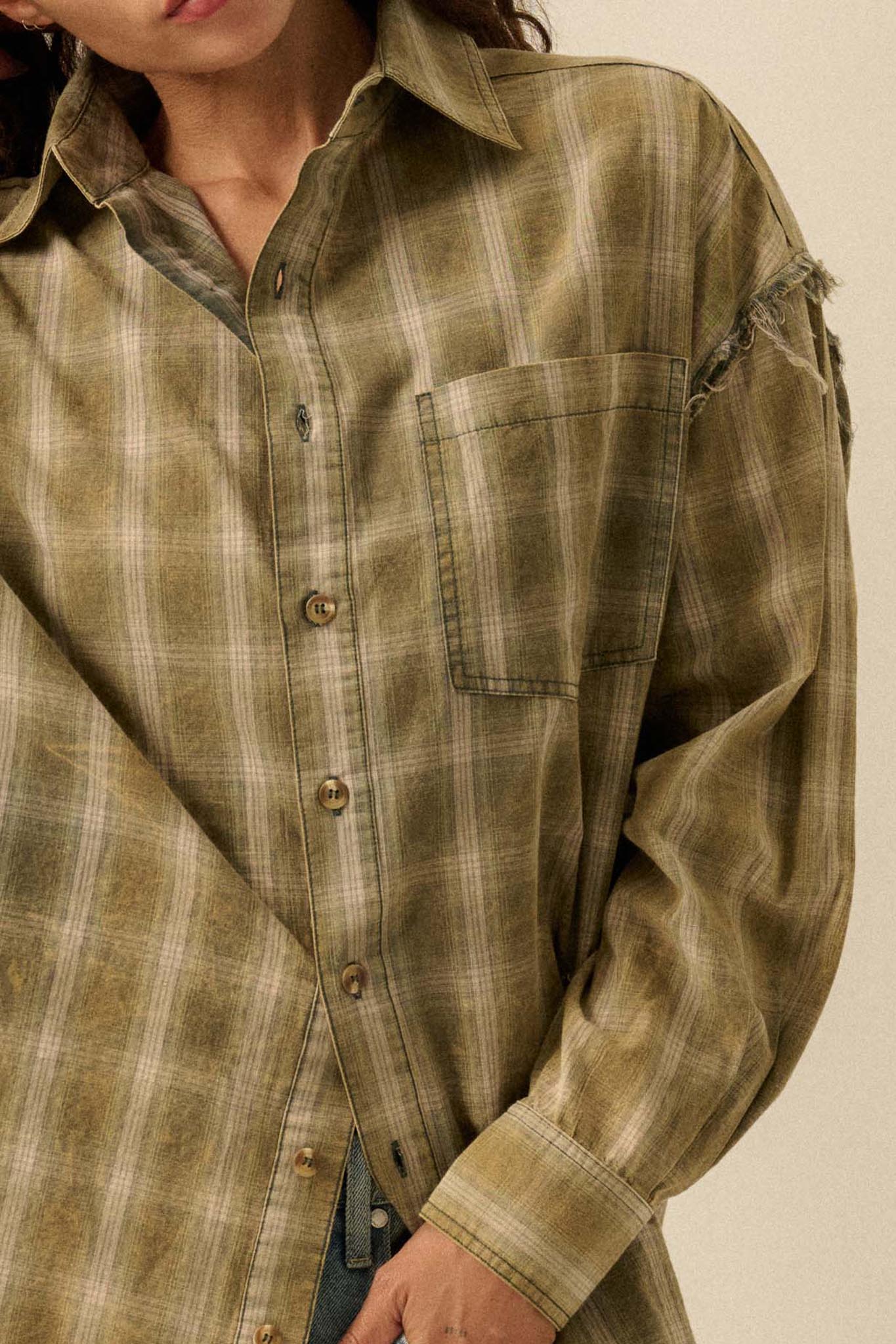 Lost and Found Plaid Raw-Edge Button-Up Shirt