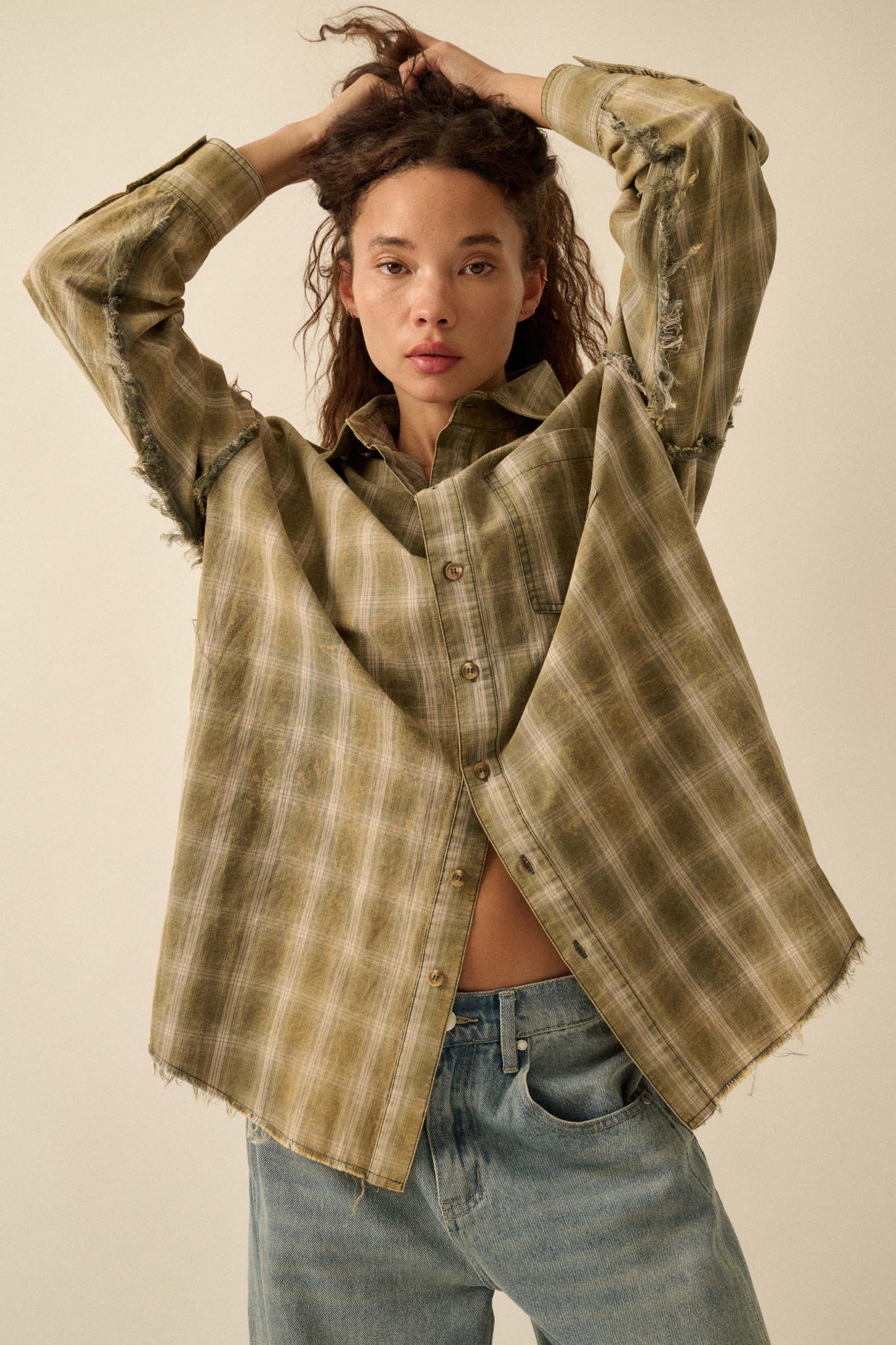 Lost and Found Plaid Raw-Edge Button-Up Shirt