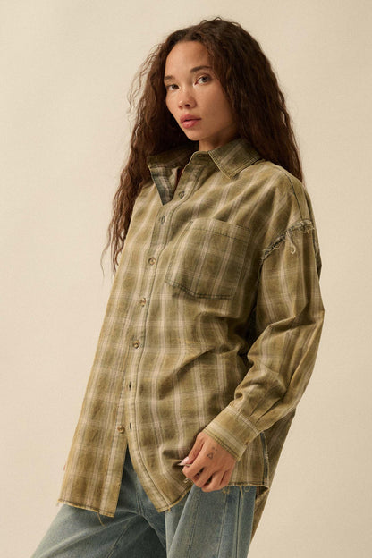 Lost and Found Plaid Raw-Edge Button-Up Shirt
