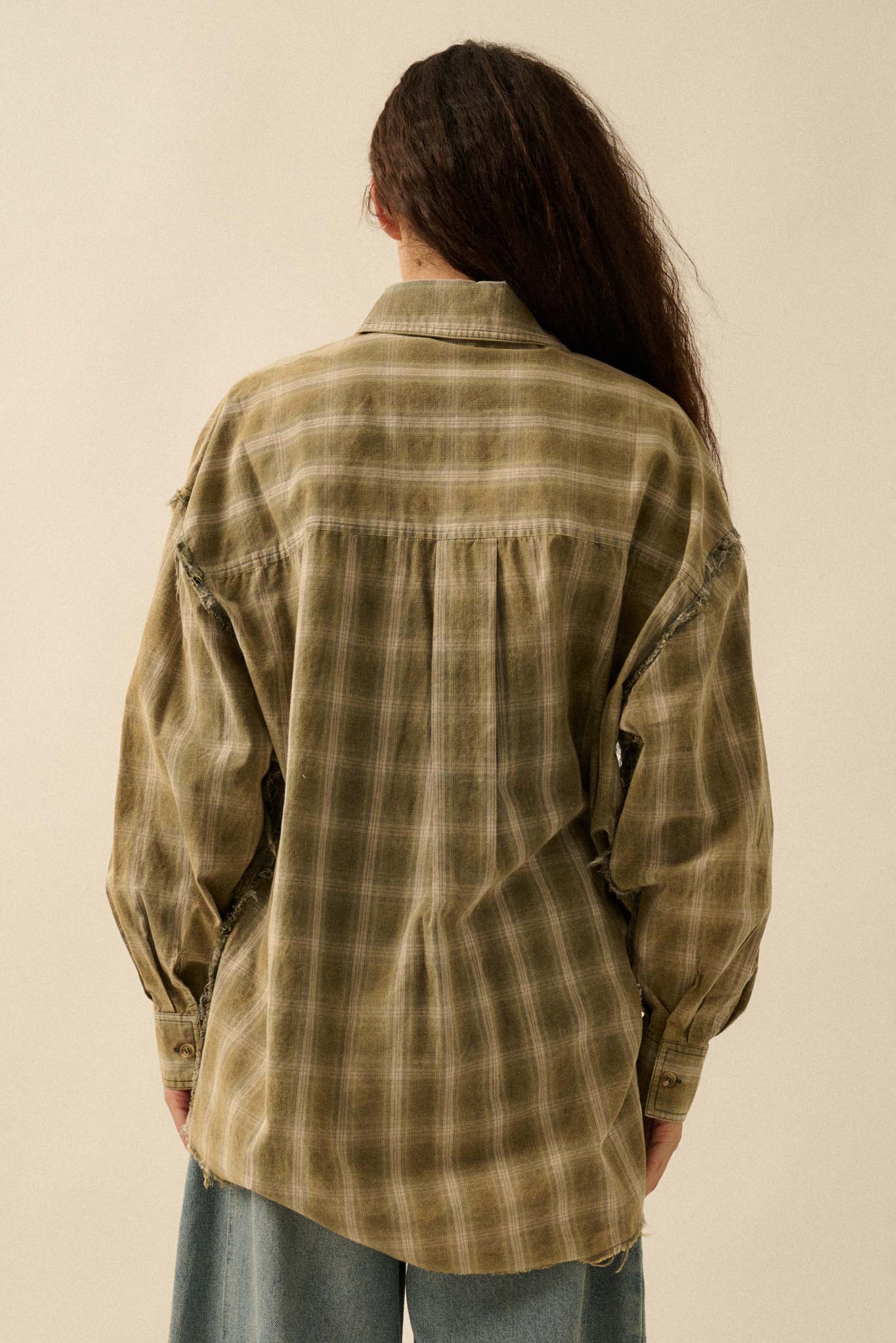 Lost and Found Plaid Raw-Edge Button-Up Shirt
