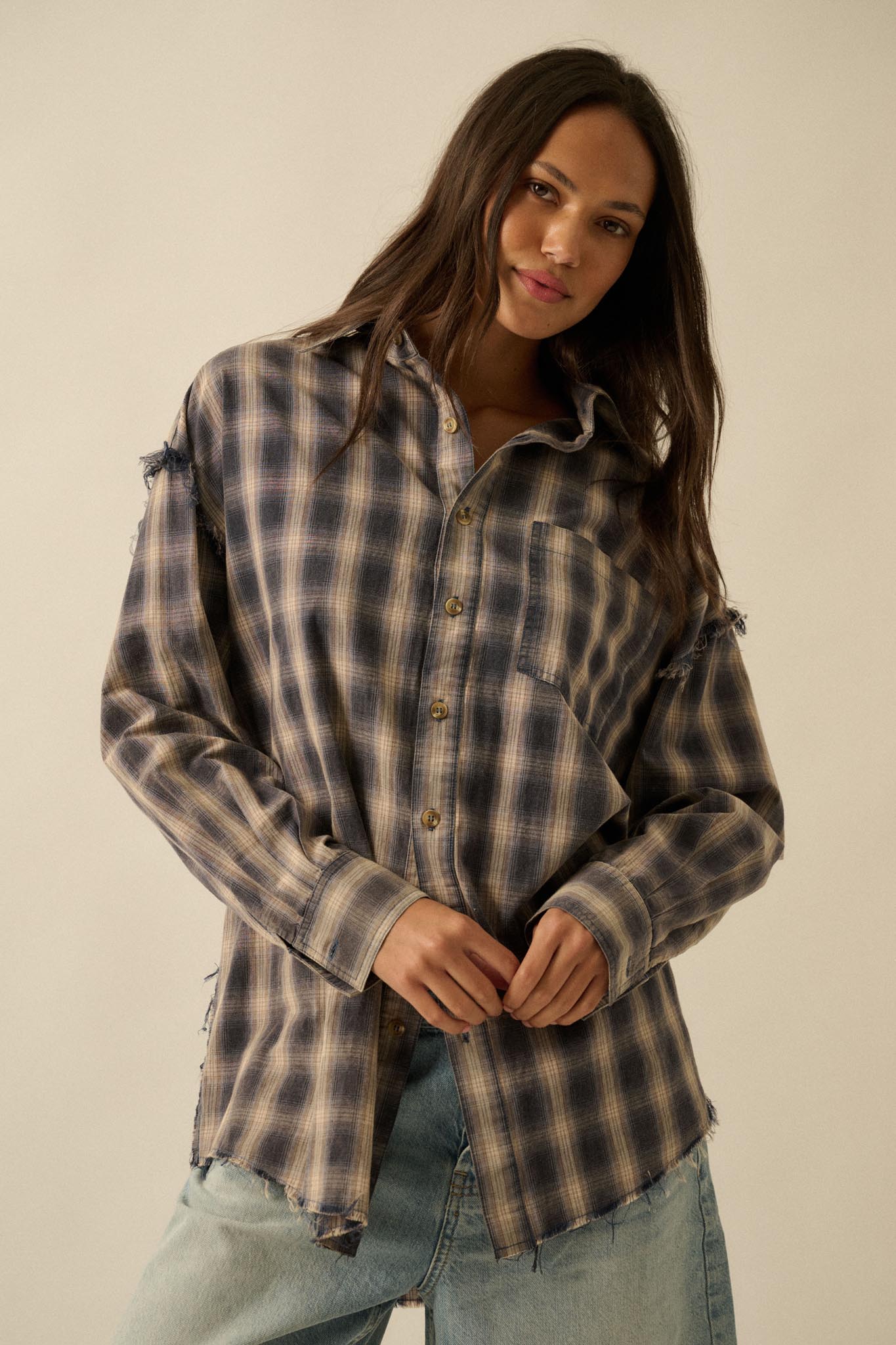 Lost and Found Plaid Raw-Edge Button-Up Shirt