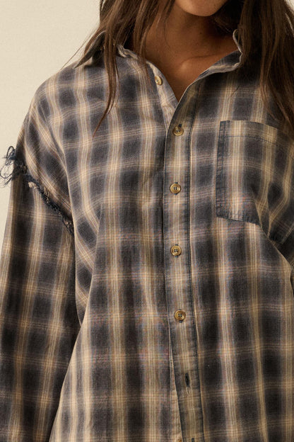Lost and Found Plaid Raw-Edge Button-Up Shirt