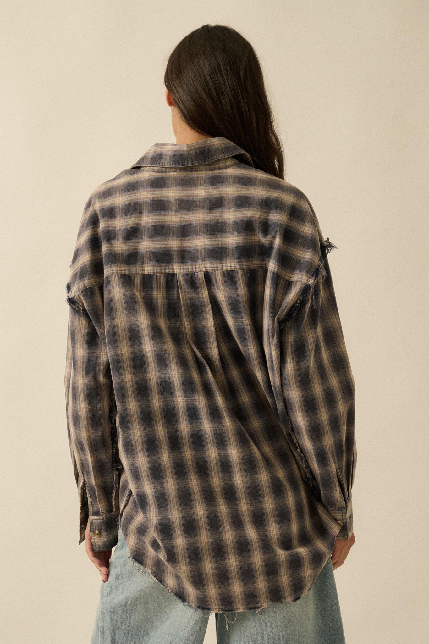 Lost and Found Plaid Raw-Edge Button-Up Shirt