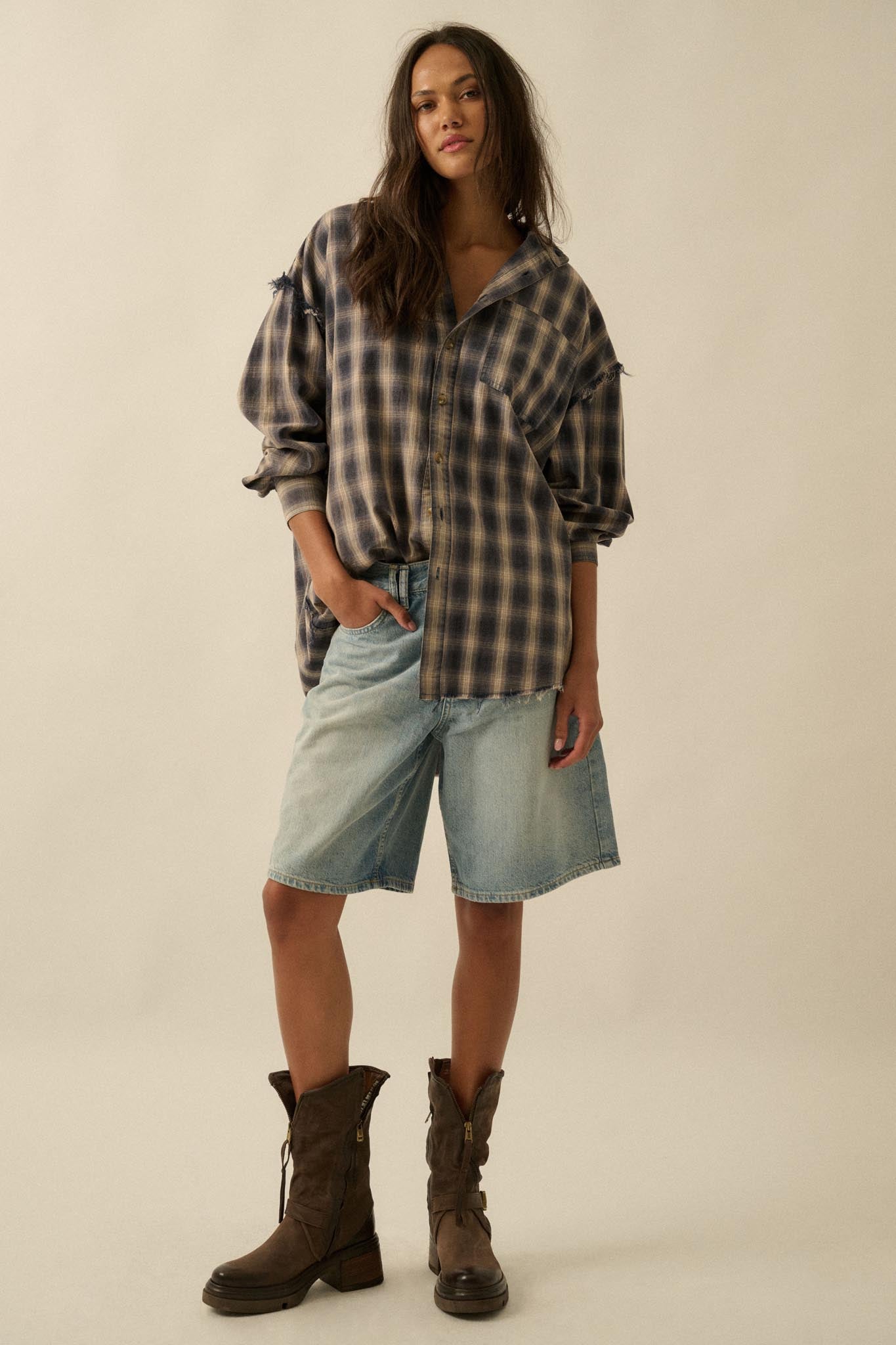 Lost and Found Plaid Raw-Edge Button-Up Shirt