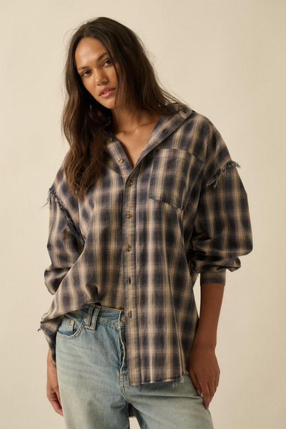 Lost and Found Plaid Raw-Edge Button-Up Shirt