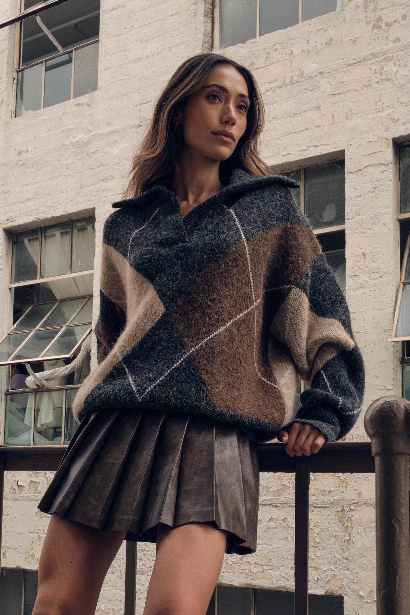 Crossing Paths Argyle Knit Collared Sweater