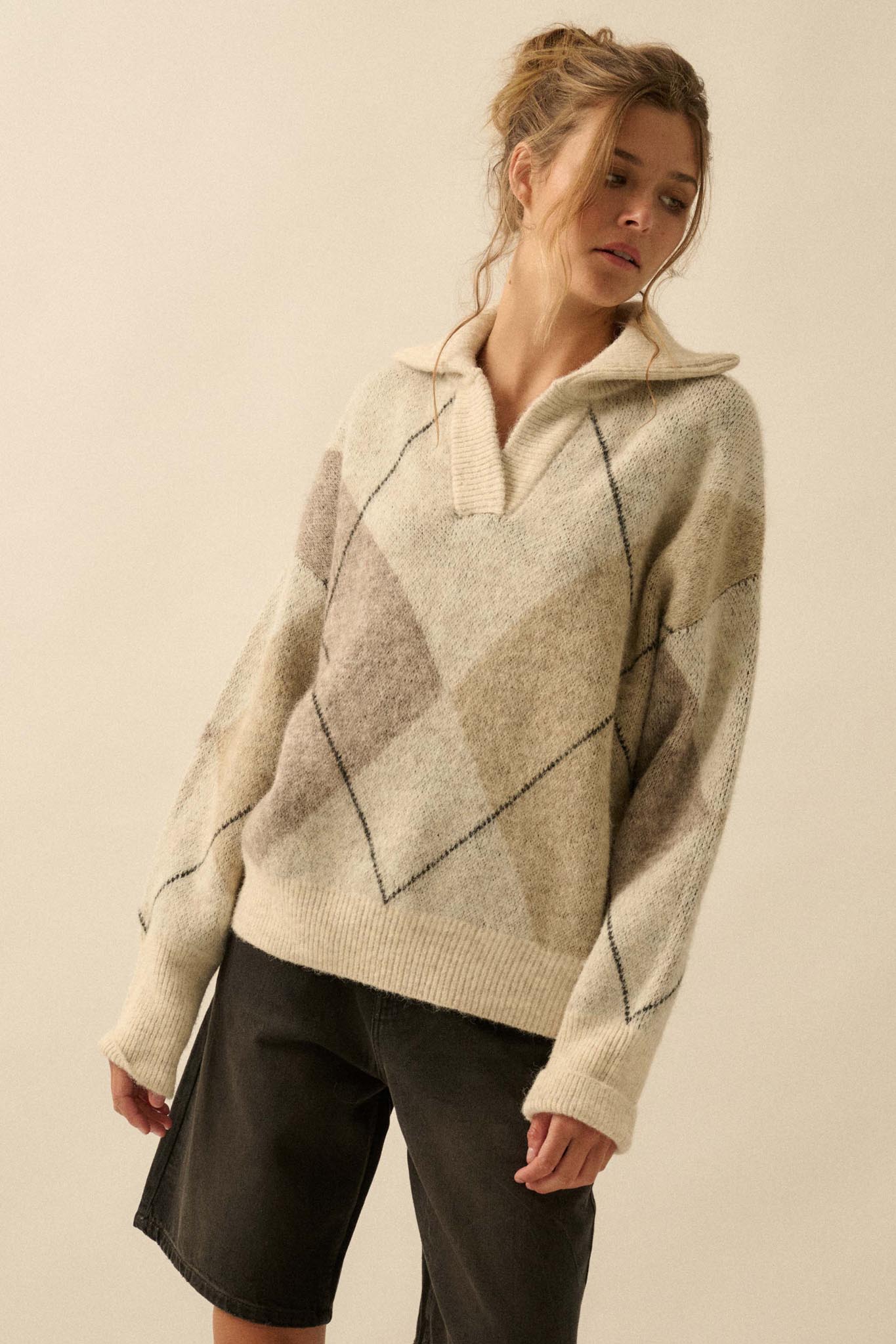 Crossing Paths Argyle Knit Collared Sweater