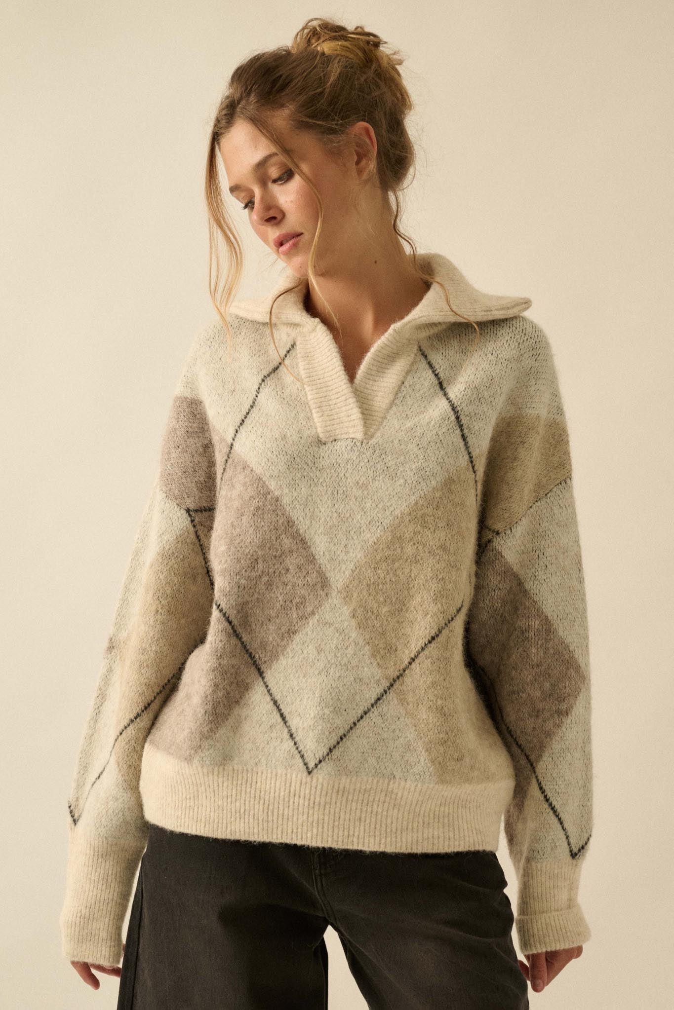 Crossing Paths Argyle Knit Collared Sweater