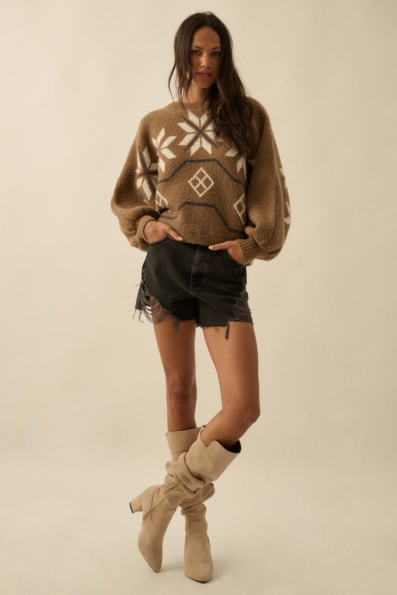 Northern Slopes Alpine-Knit Balloon Sleeve Sweater