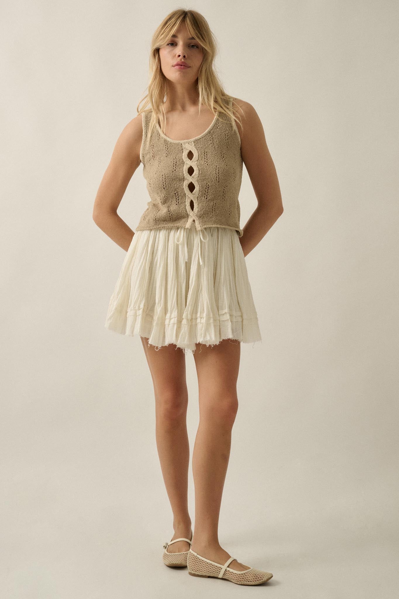 Say So Pointelle Contrast Keyhole Sweater Tank Top