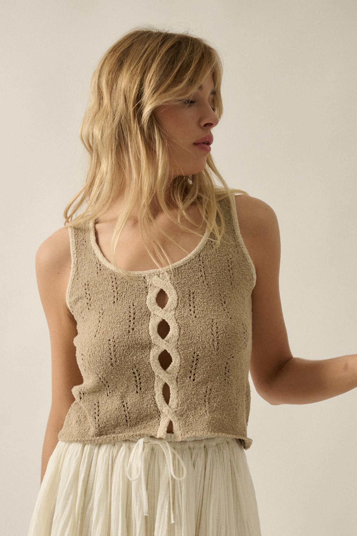 Say So Pointelle Contrast Keyhole Sweater Tank Top